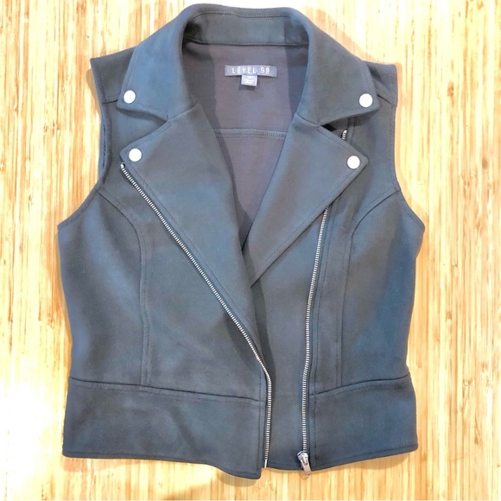 Faux Suede Zipper Snaps Grey Gray Fitted Vest Womens XS